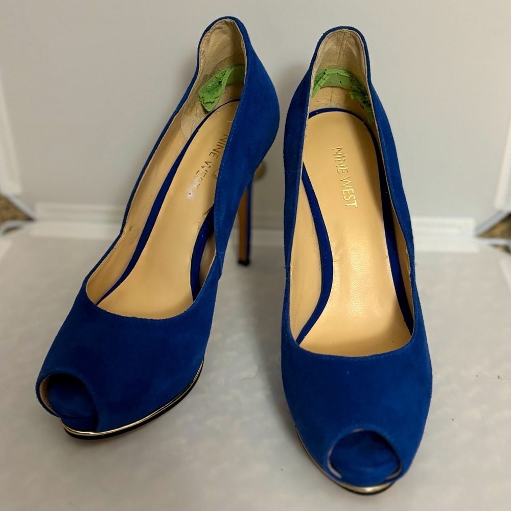 Nine West Royal Blue Suede Peep Toe Heels